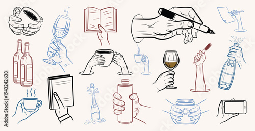 Wallpaper Mural Editable hand drawing line art variety style hand holding and wine party vector illustration collection or set Torontodigital.ca