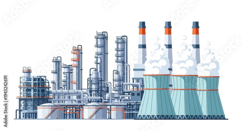 Industrial Power Plant with Cooling Towers and Chimneys.