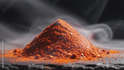 Pile of red powder with abstract smoke on dark background
