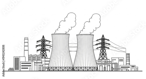 Industrial Power Plant with Smokestacks.
