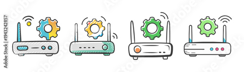 Four wifi routers with gears, representing settings and configuration, hand-drawn style.