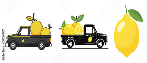 A playful illustration depicts black trucks transporting vibrant yellow lemons alongside a single lemon