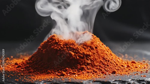 Pile of red powder with smoke on black background