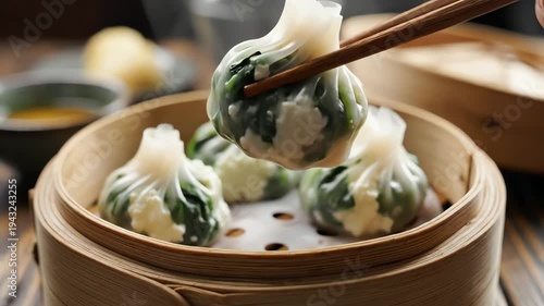 Steamed dumplings in bamboo basket food photography for culinary content