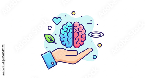Colorful Brain Illustration with Hand and Symbols.