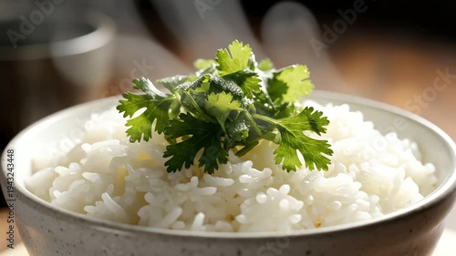 Steaming white rice bowl with fresh green herb garnish culinary composition