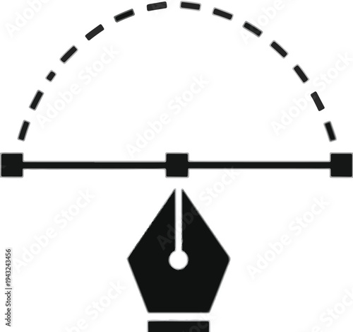 Vector pen tool icon with a dashed curve on a white background Keywords: vector graphics, graphic design, vector tool, pen