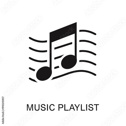 Music playlist icon with musical notes and flowing staff lines depicting a rhythmic song collection for digital media players and audio applications