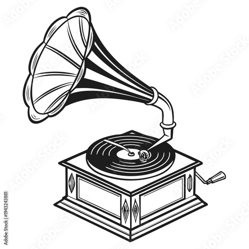 Detailed phonograph vector drawing showing an old fashioned record player with a large brass horn and manual crank handle for retro music listening