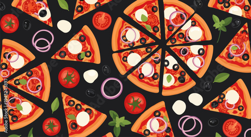 Delicious Italian Pizza Slices with Mozzarella, Olives, Tomatoes, and Onions on a Dark Background Vector Illustration