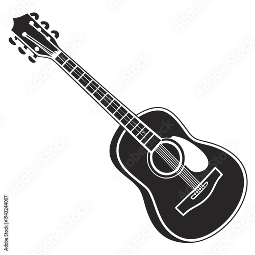 Acoustic guitar silhouette, string instrument, musical instrument, classic guitar with six strings, isolated on white background, vector art illustration