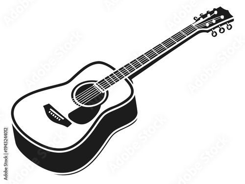 Acoustic guitar icon black and white vector illustration of classical stringed musical instrument for concert poster design isolated on background