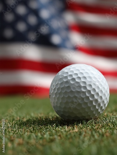 Golf ball resting on green grass with blurred American flag background patriotic sports close up