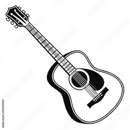 Acoustic guitar silhouette, string instrument, musical instrument, classic guitar with six strings, isolated on white background, vector art illustration
