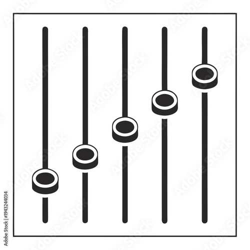 Vertical sound faders or sliders in array with varying levels in black and white, depicting audio control or equalizer settings