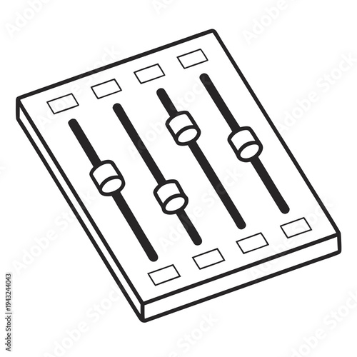 Audio mixer console with four vertical faders and blank rectangular buttons at top and bottom, black and white outline drawing