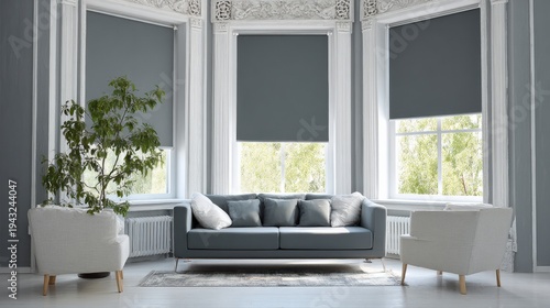 Bright Living Room with Gray Sofa and Roller Blinds Interior Design Home Decor Style