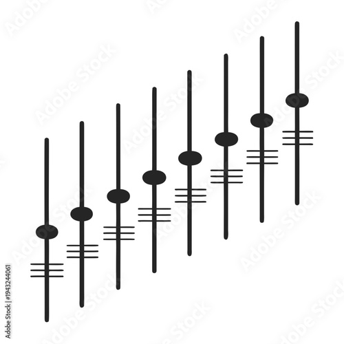 Array of ten vertical sound faders or sliders with varying levels and equalizer lines, indicating progressive audio adjustment