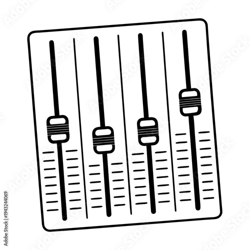 Four vertical audio sliders with level markings and control knobs for sound mixing and audio adjustment in music production console