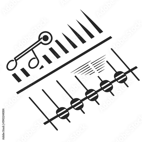 Abstract musical score with notes, a staff, faders, and sound waves, representing audio control and musical composition