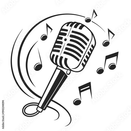 Retro vintage style microphone graphic surrounded by floating musical notes for nostalgic entertainment branding and classic jazz music design work