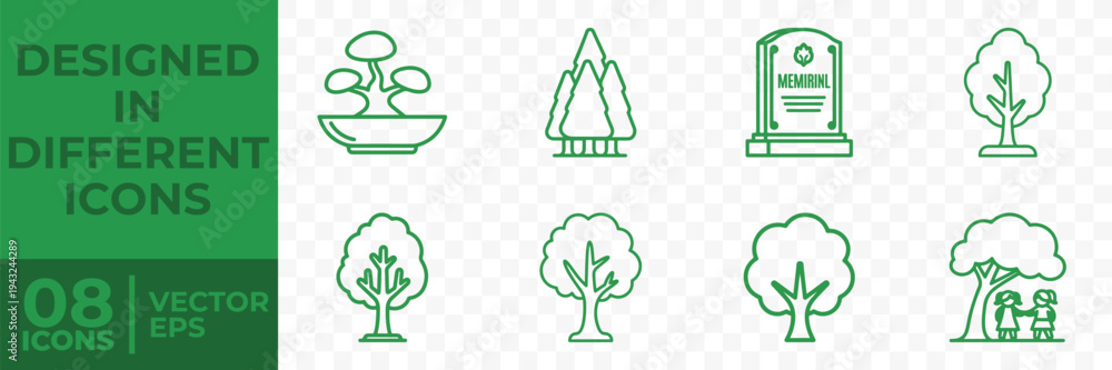 Fototapeta premium A flat vector graphic featuring 8 different tree icons in green lines on a transparent background, presented as a collection of various tree designs.