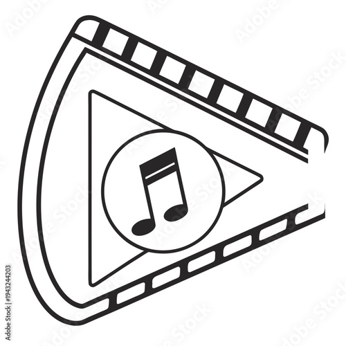 Film reel with musical note and play button. abstract vector illustration in black and white for entertainment and media industry design