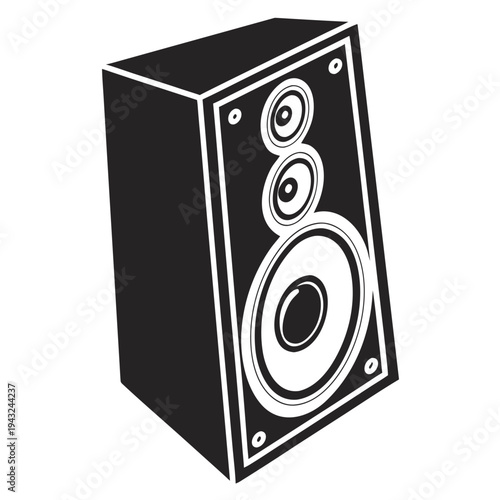 Black audio speaker box with white accents, representing sound equipment and high-fidelity audio systems for music and entertainment