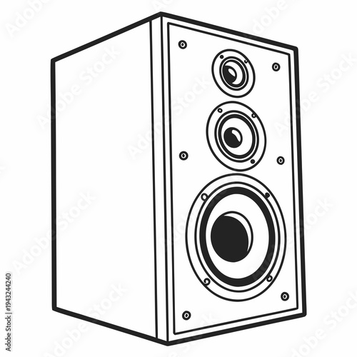 Outline drawing of a black audio speaker box with white details, illustrating sound reproduction devices and audio technology for listeners