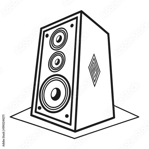 Line art illustration of modern audio speaker with side diamond logo and three internal drivers for high fidelity sound reinforcement and music tech