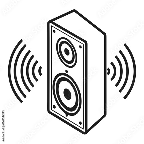 Isometric sound speaker vector illustration with sound waves icon, music speaker graphic design, audio equipment black outline on white