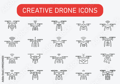 Set of black and white drone icons with cameras and signal indicators, representing aerial technology
