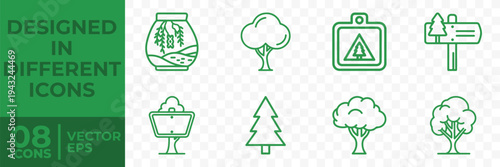 A set of 8 green vector icons representing environmental concepts, including trees, recycling, and conservation.