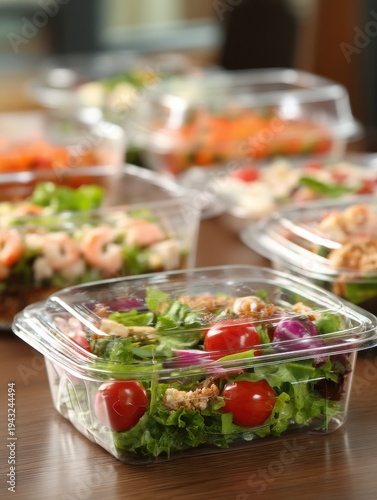 Fresh salads in clear plastic containers on wood table top view healthy eating convenience grab and go meal prep lifestyle