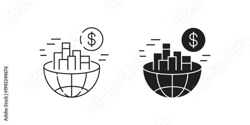 Money globe icon set multiple style collection showing global business, finance and international trade concepts on white background.