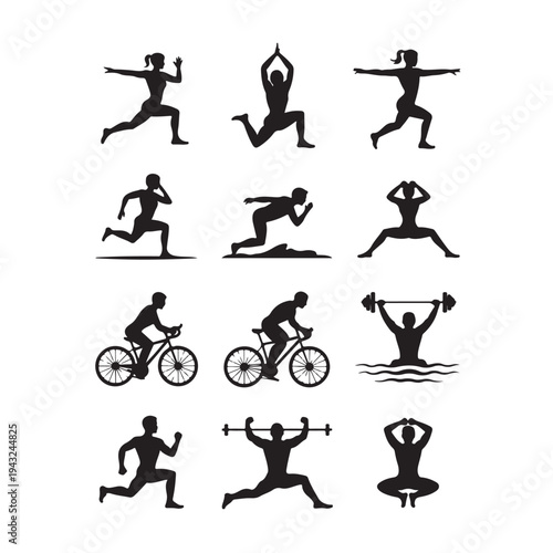 Twelve black silhouette of athletic activities running