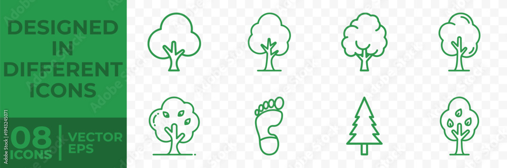 Fototapeta premium A set of 8 flat vector icons featuring tree silhouettes and a footprint, designed in green on a transparent background.