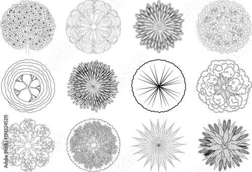 Collection of various circular microscopic views of different specimens isolated on transparent background