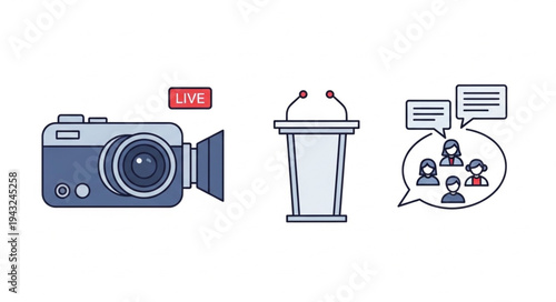 Video Camera Microphone and Speech Bubble Icons Set.