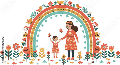 Mother and child standing under a colorful rainbow surrounded by flowers and plants outdoors