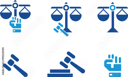 Justice and Law Icons Set with Scales, Gavel and Human Rights Hand Symbol.