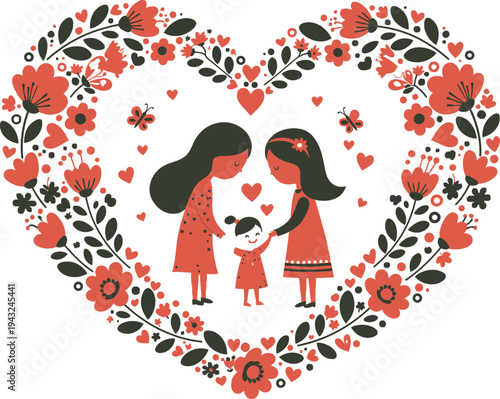 Two young girls in red dresses standing together in a heart shaped floral design