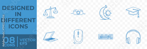 A set of 8 flat vector icons on a transparent background, featuring symbols for education and technology, including a scale, camera, graduation cap, and computer peripherals.