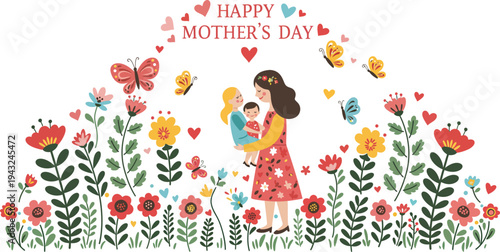 Happy mother s day greeting card with woman and child in colorful flowers