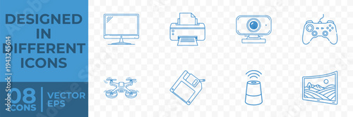 A flat vector graphic design featuring 8 distinct tech icons, including a monitor, printer, and game controller, on a transparent background.