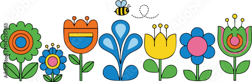 Set of 8 colorful flat style flower and bee vector icons, perfect for spring, nature, garden, and floral design projects, isolated on white background.