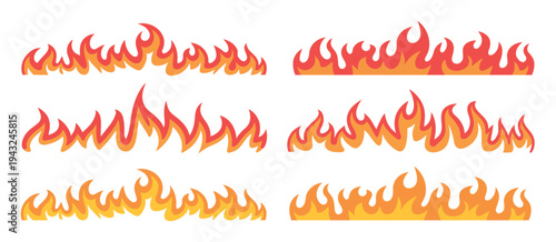 flame border collection, fire line elements, blazing orange burn edges, decorative banner flames, and fiery theme vector