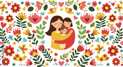 Mother and daughter embracing surrounded by colorful floral pattern and leaves on white background