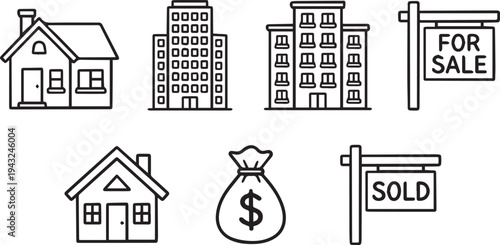 Black and white line drawing illustrations of various houses and buildings for sale and sold with money bag, representing real estate and property investment concepts.