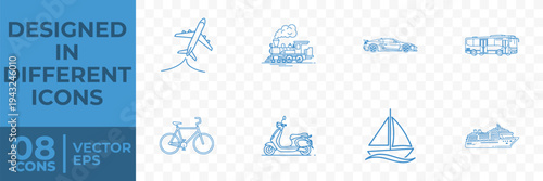 A flat vector design featuring 8 different transportation icons, including vehicles and vessels, in a simple line style.